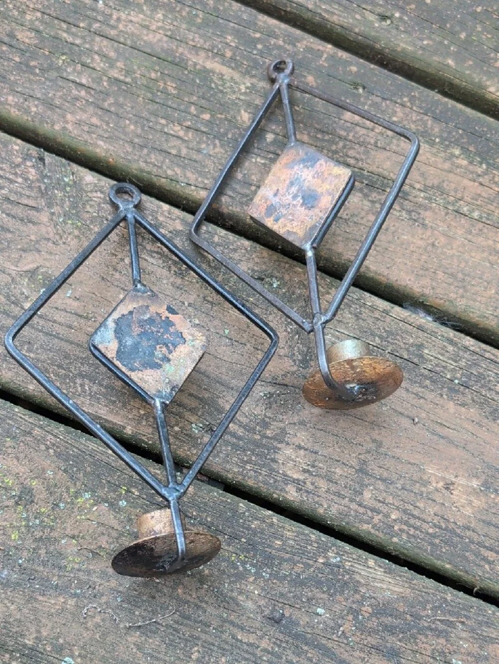 Vintage Geometric Iron Wall Candle Sconces - Black & Copper